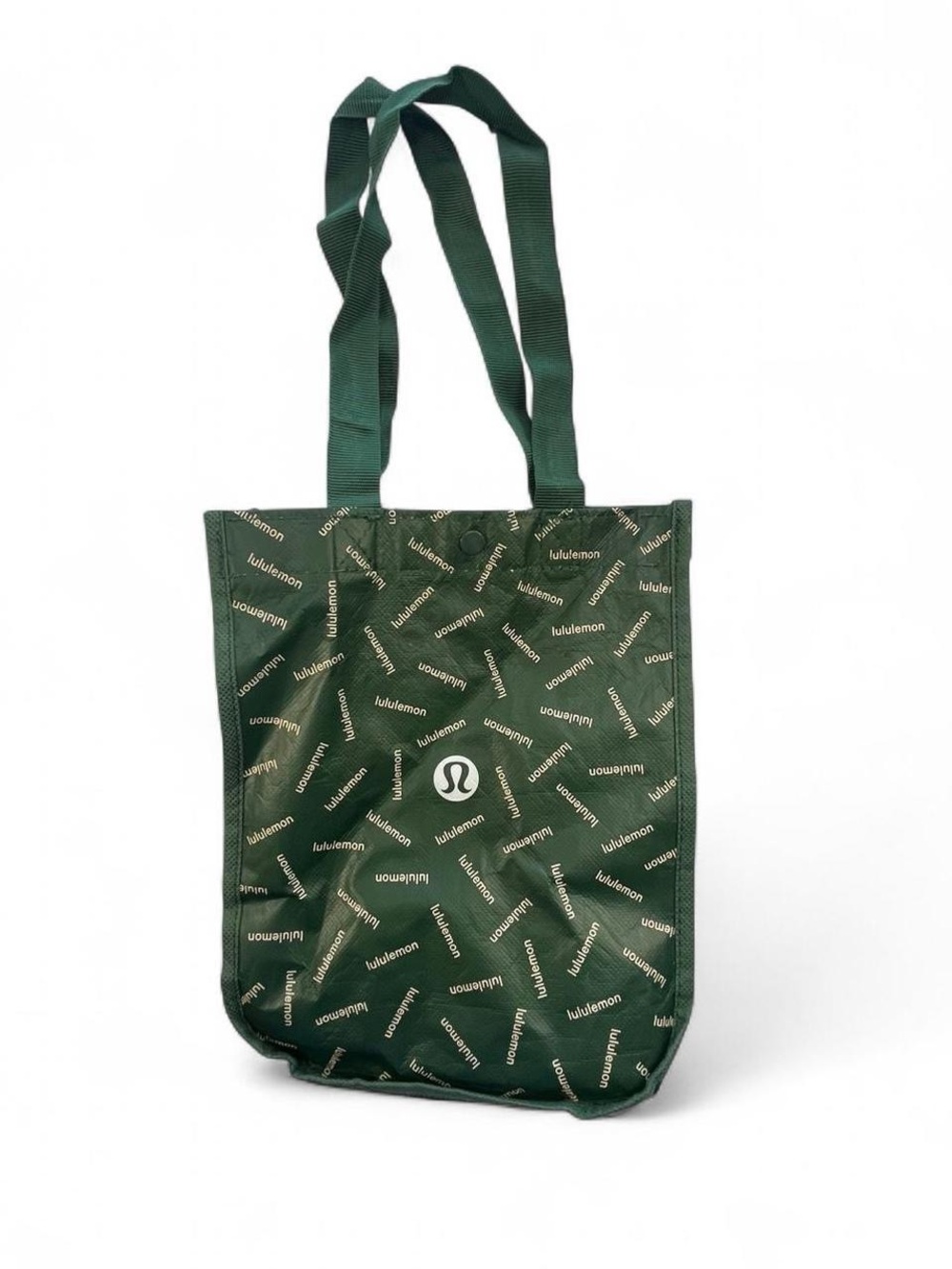 Lululemon Dark Green Shopping Bag Tote White All Over Logo Print Snap Closure